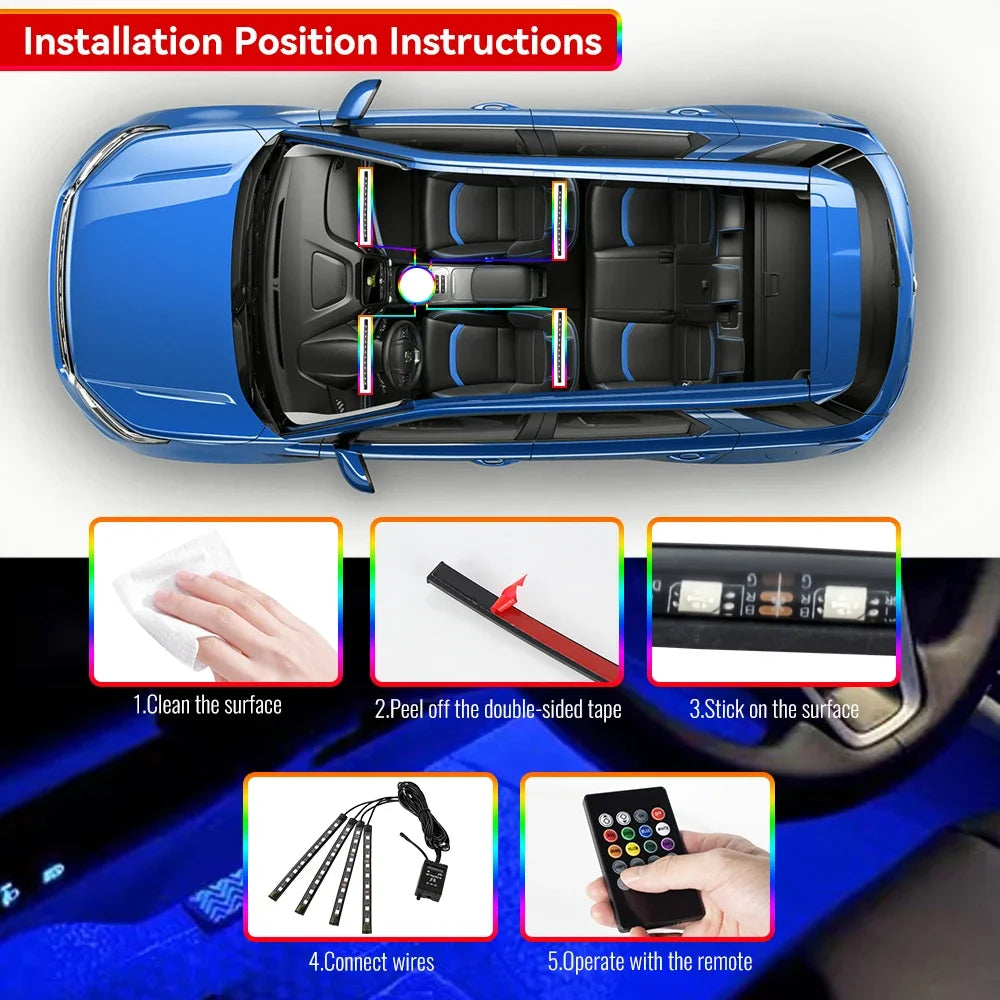 Lumière de Pied Ambiante Intérieure de Voiture – Néon LED RGB avec Télécommande