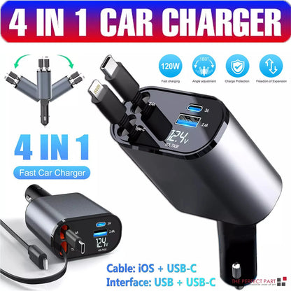 Chargeur de Voiture Rétractable USB-C 4 en 1 – Charge Rapide 120W