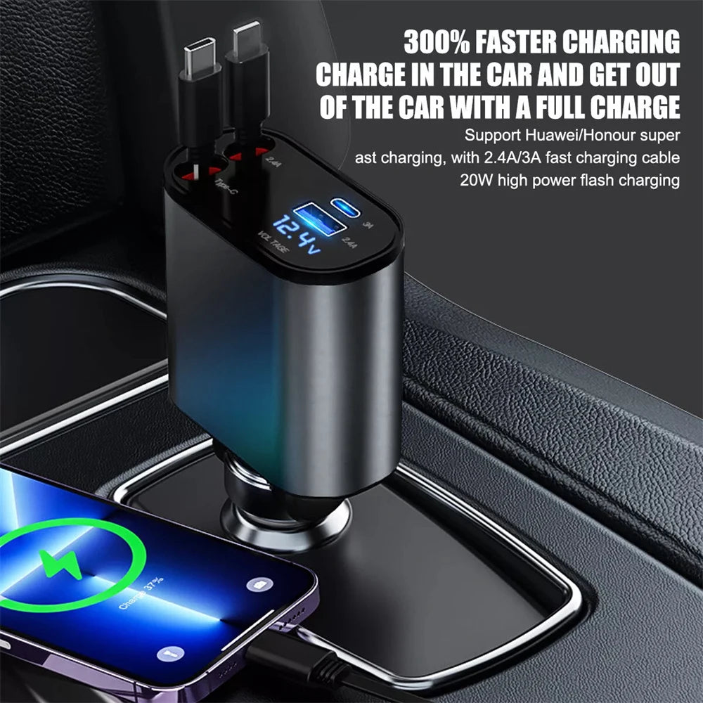 Chargeur de Voiture Rétractable USB-C 4 en 1 – Charge Rapide 120W