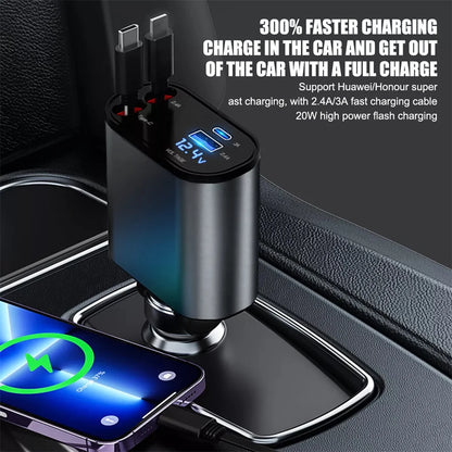 Chargeur de Voiture Rétractable USB-C 4 en 1 – Charge Rapide 120W