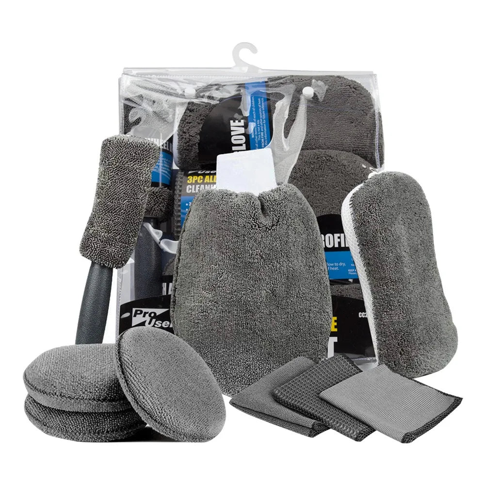 Kit de Nettoyage Auto 9 Pièces – Brosses, Serviettes Microfibres et Accessoires