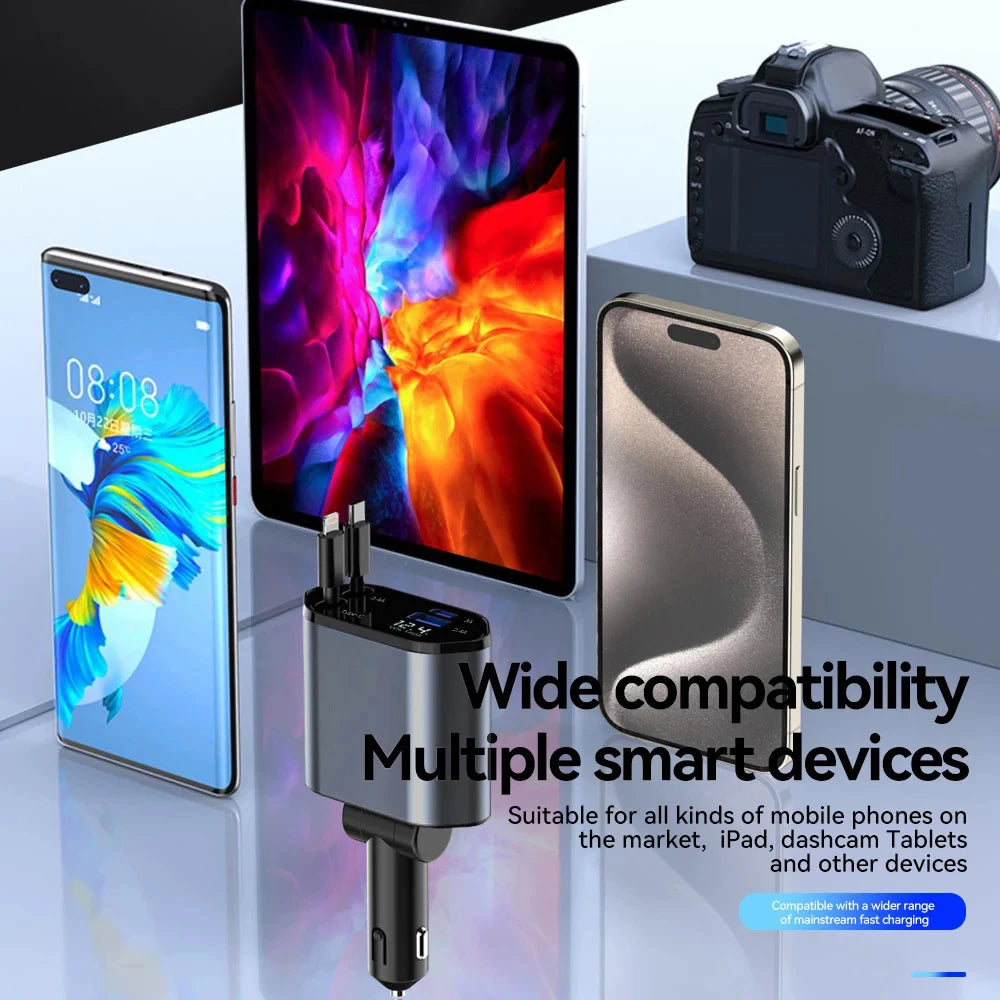Chargeur de Voiture Rétractable USB-C 4 en 1 – Charge Rapide 120W