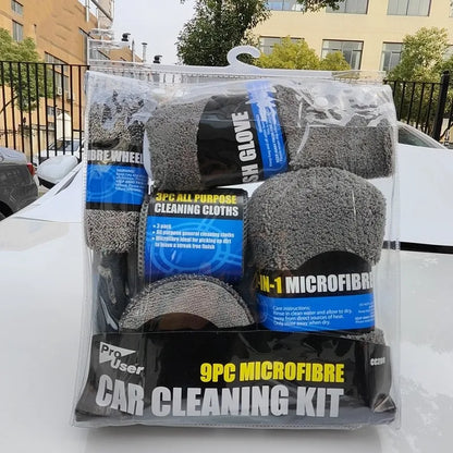 Kit de Nettoyage Auto 9 Pièces – Brosses, Serviettes Microfibres et Accessoires