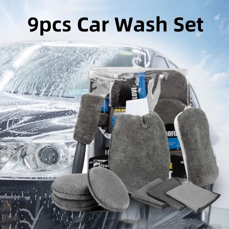 Kit de Nettoyage Auto 9 Pièces – Brosses, Serviettes Microfibres et Accessoires