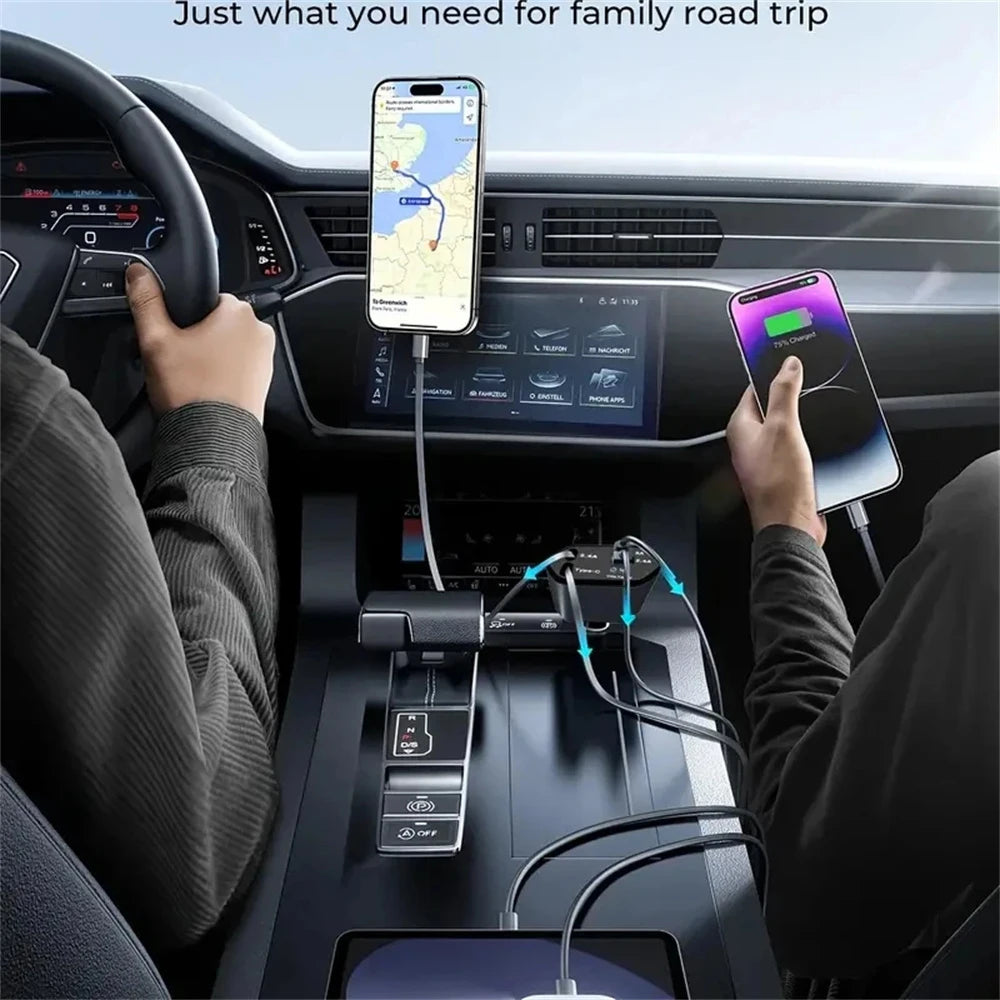 Chargeur de Voiture Rétractable USB-C 4 en 1 – Charge Rapide 120W