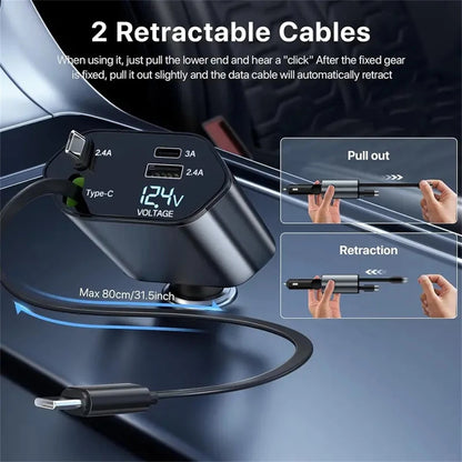 Chargeur de Voiture Rétractable USB-C 4 en 1 – Charge Rapide 120W