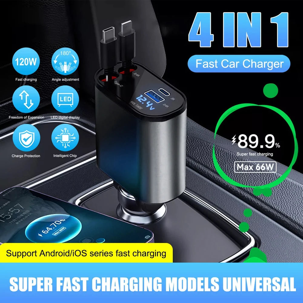 Chargeur de Voiture Rétractable USB-C 4 en 1 – Charge Rapide 120W