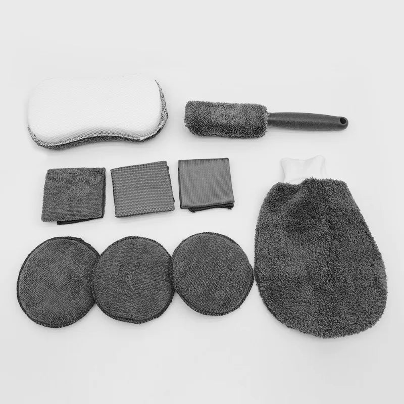 Kit de Nettoyage Auto 9 Pièces – Brosses, Serviettes Microfibres et Accessoires