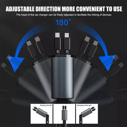 Chargeur de Voiture Rétractable USB-C 4 en 1 – Charge Rapide 120W