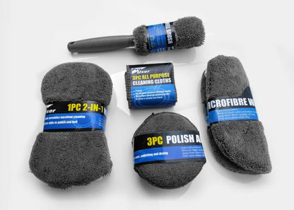 Kit de Nettoyage Auto 9 Pièces – Brosses, Serviettes Microfibres et Accessoires