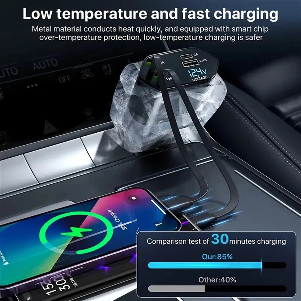 Chargeur de Voiture Rétractable USB-C 4 en 1 – Charge Rapide 120W