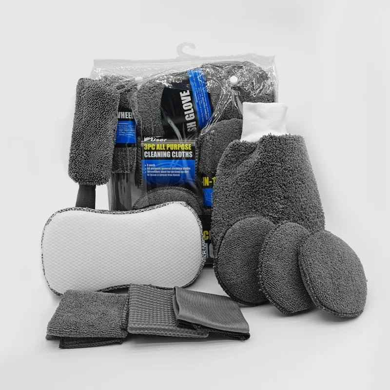 Kit de Nettoyage Auto 9 Pièces – Brosses, Serviettes Microfibres et Accessoires